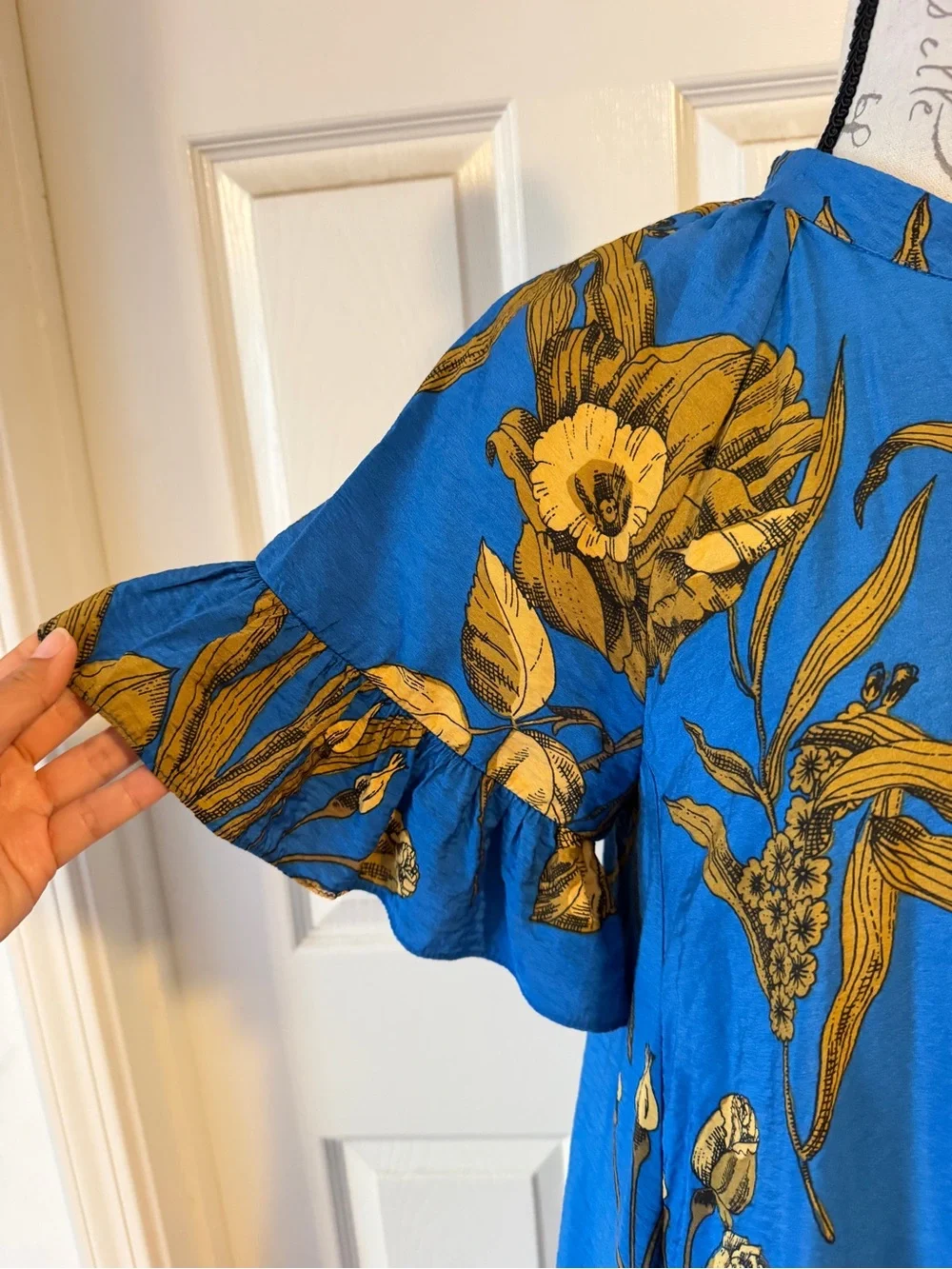 Anthropologie Blue Floral High-Low Midi Dress with Gold Print